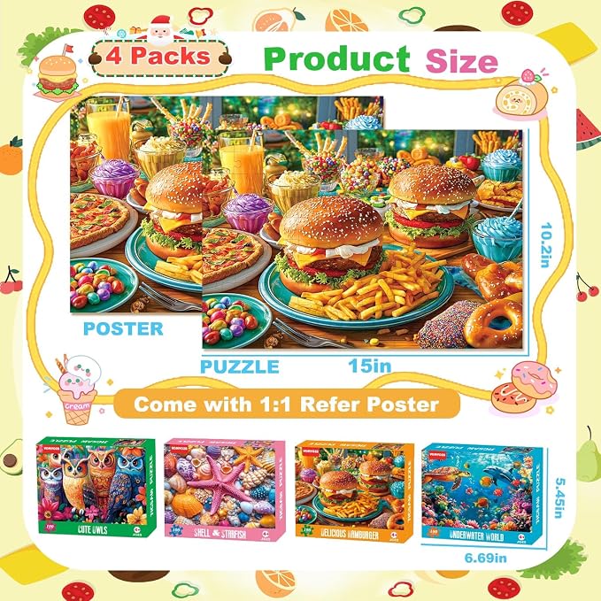 4 Packs 100 Piece Puzzles for Kids Ages 4-6, Jigsaw Puzzles for Kids Ages 6-8 8-10 Sea World, Owls, Hamburger, Starfish Learning Educational Toys for Boys and Girls