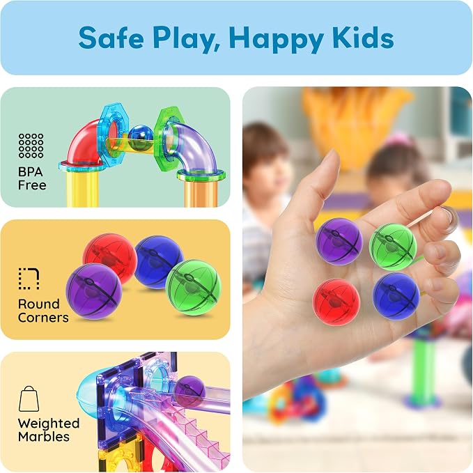 PicassoTiles 4pc Marbles for Magnetic Block Tiles Marble Run Race Track Magnet Building Tile Blocks Racetrack Maze Construction Toys Creative Toy Girls Boys 3 and Up Early Education STEM Learning Kit