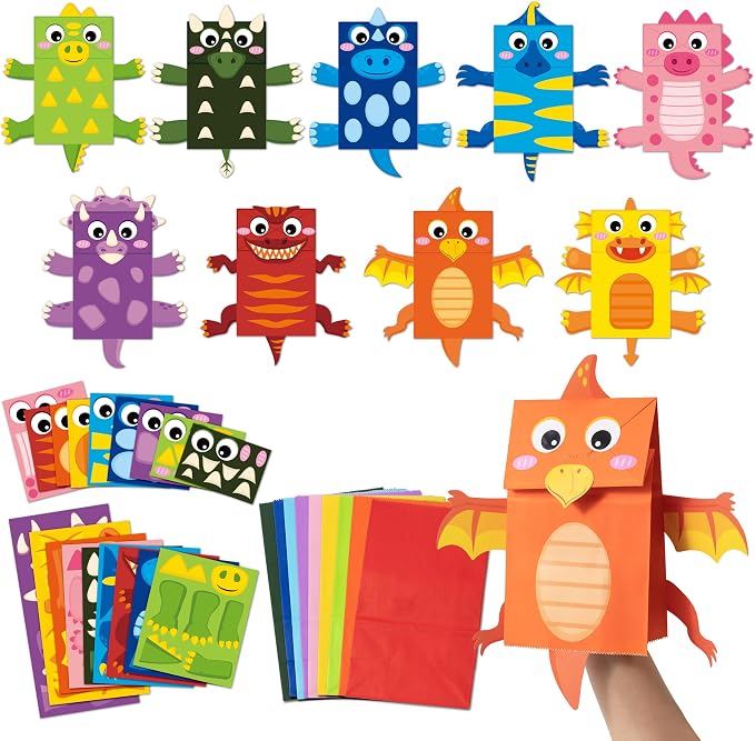 WATINC Hand Puppet Making Kit, Paper Sock Puppet Toys for Kids (Dinosaur) | 9 Styles, Make Your Own Storytelling & Role Play Crafts, Creative Group Activity, Party Favors & Gifts for Kids Ages 4-8