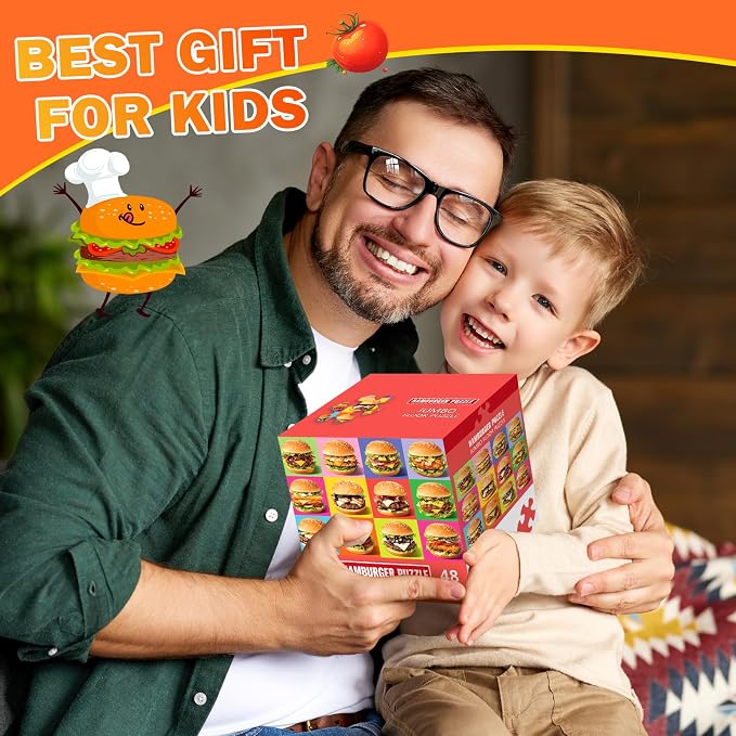 Jumbo Floor Puzzle for Kids,48 Piece Hamburger Jigsaw Puzzle Ages 3-8 | Food-themed Learning Puzzle with Colorful Hamburger,Extra-thick Cardboard,35x24 in Completed,Preschool Gift for Boys and Girl