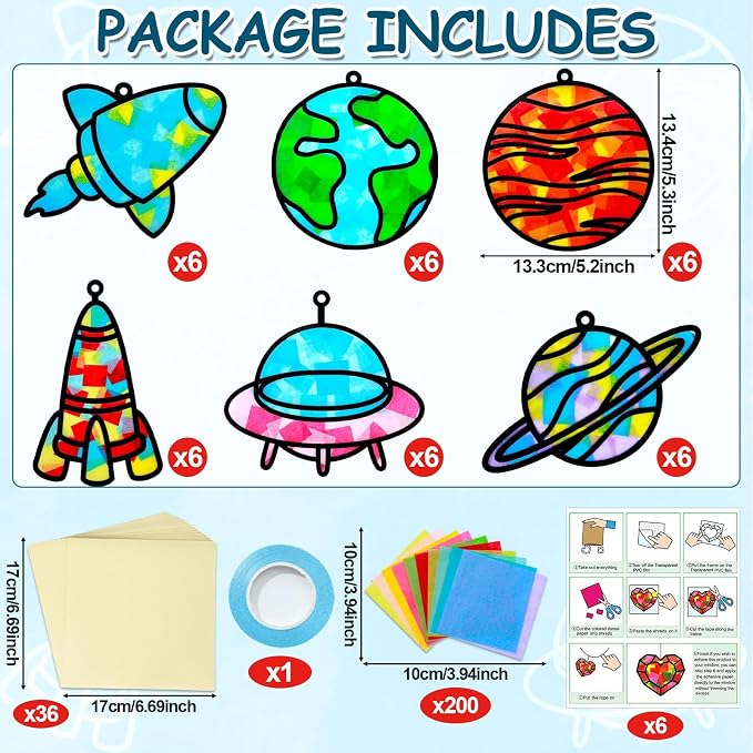 Qyeahkj 36 Set Outer Space Suncatchers Crafts for DIY Solar System Window Tissue Paper Craft Kit Space Hanging Decor for Planet Home Activity Art Project Birthday Party Favor Gift