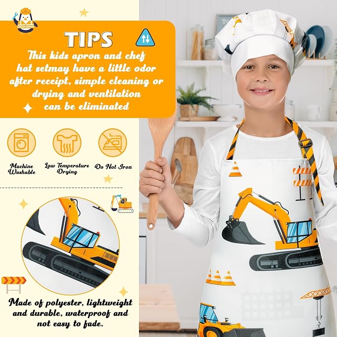 R HORSE 2 Pieces Kid Apron and Chef Hat Set, Dress up Role Play Chef Toy | Vehicle Car Children Kitchen Apron with Pockets for Boy, Ideal for Cooking, Baking, Painting, Cooking Birthday Gifts
