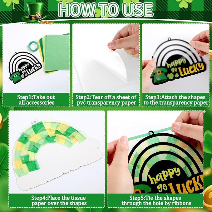 Qyeahkj 36 Set St. Patrick's Day Rainbow Suncatchers Crafts for DIY Lucky Rainbow Shamrock Window Tissue Paper Craft Kit Hanging Decor for Home Activity Art Project Birthday Party Favor