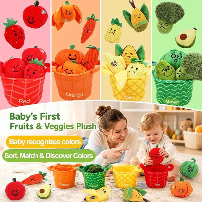 Fruit Vegetable Sensory Toys for Baby 6-12 Months - 16Pcs Plush Sorting Set Perfect for Little Hands to Grasp With Cute Faces, Bright Color Food Crinkle & Rattle, Birthday Gift for 1 Year Old Boy Girl