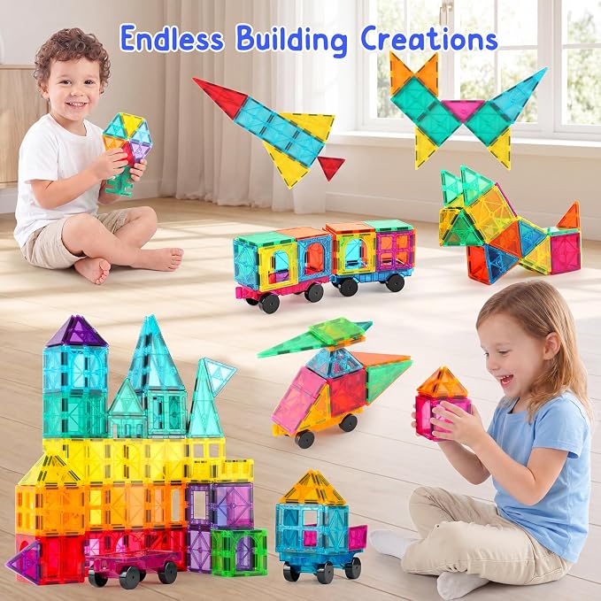 Bmag Magnetic Tiles Building Blocks Set with 2 Cars 100Pcs, Designed for Open-Ended Building and Versatile Play, Gifts for STEM Support and Parent-Child Interaction for Kids Aged 3+