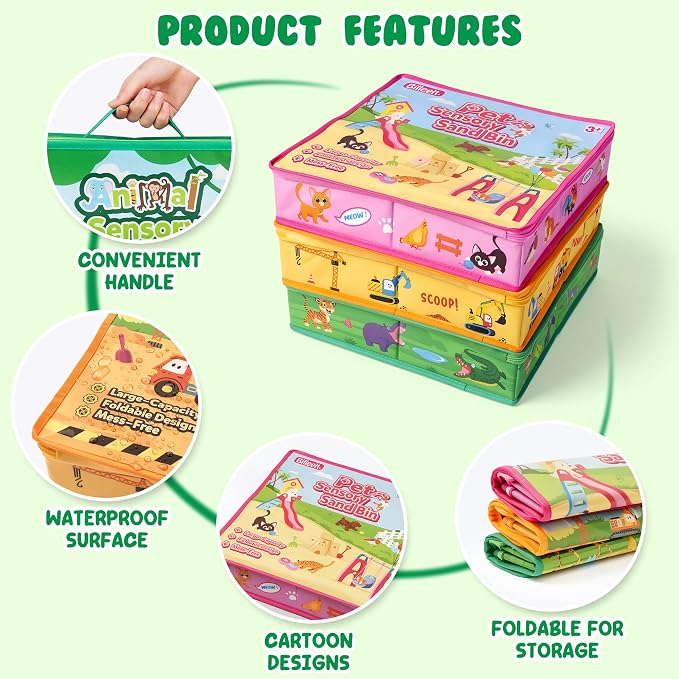 Billeeit. 3 Pack Sand Box Sensory Bins with Zipper Lid & Carry Handle | 15 Inch Printed Foldable Portable Stackable Sand Play Storage Bins for Kids 3+ Indoor & Outdoor Toy