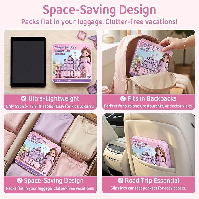 Magnetic Tiles Girls Travel Toy: 42 PCS Pink Glitter Castle Tin Box | 120 Mins Quiet Play & 60s Cleanup On the Go for Airplane Road Trips - Portable Safe Building Blocks Toddler Kids Gift Age 3-6