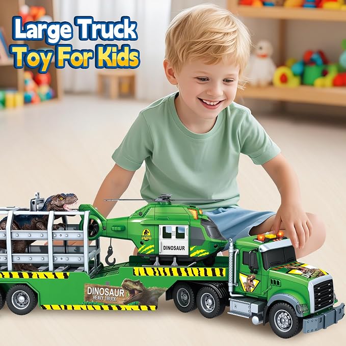 Bstoyder Toddler Boy Toys for 3 4 5 6 7 Years Kids, 21" Semi Flatbed Truck Toy with a Dinosaure Truck, Friction Powered Vehicles Toys with Lights and Sounds, Birthday for Boy Girls