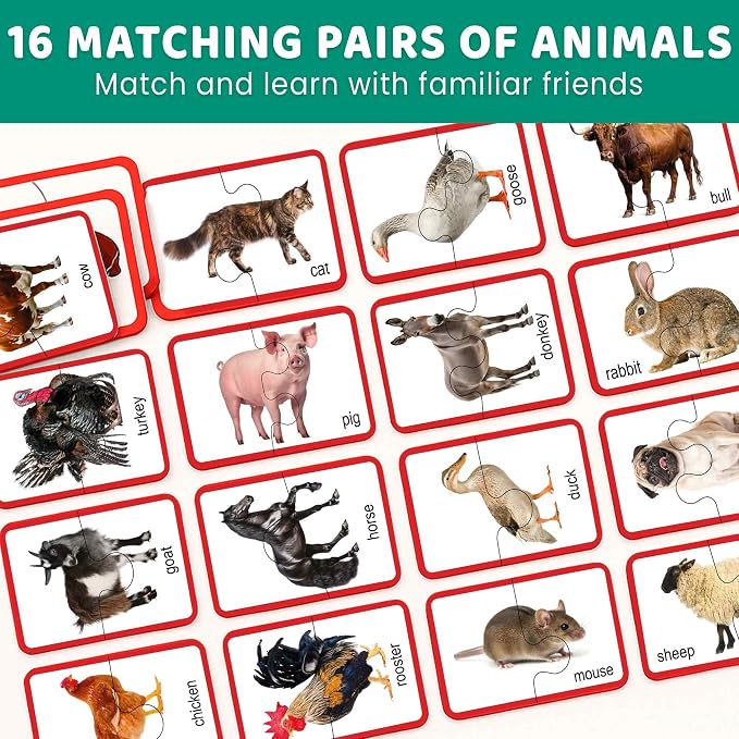 Puzzles for Kids Ages 2-4 - 16 Matching Kids Puzzles Ages 3-5 | 100% Self-Correcting Educational Puzzles with 16 Realistic Farm Animals - 32 Pieces Memory Matching Games for Boys and Girls