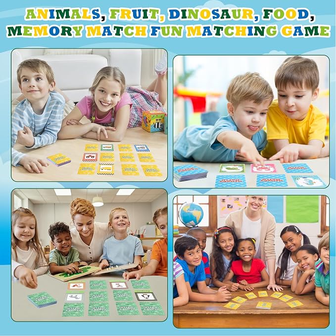 Zubebe 4 Sets Memory Matching Card Game Ages 4+, Family Party Game,Style 2 | Learning Toy with Animal Dinosaur Food Themes, Ideal for Family Night Classroom Prizes Party Favors, Builds Memory Skills