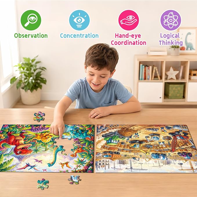 2-Pack Puzzles for Kids Ages 4-6, 60-Piece Puzzles for Kids Ages 6-8, Educational Puzzles for Boys and Girls (Dinosaurs & Construction) | 2-in-1 Dinosaur & Construction Set | Educational Puzzles for Ages 6-8, , Age-Appropriate Learning Toys, Ages 3+