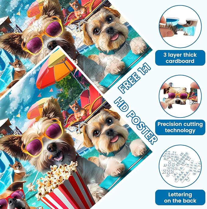 300 Piece Jigsaw Puzzle for Adults, Fun at The Amusement Park Dog Puzzles | Funny Puppy Jigsaw Puzzles, Animal Pet Lover Challenging Puzzles for Friends Family Activity Game Nights Gifts