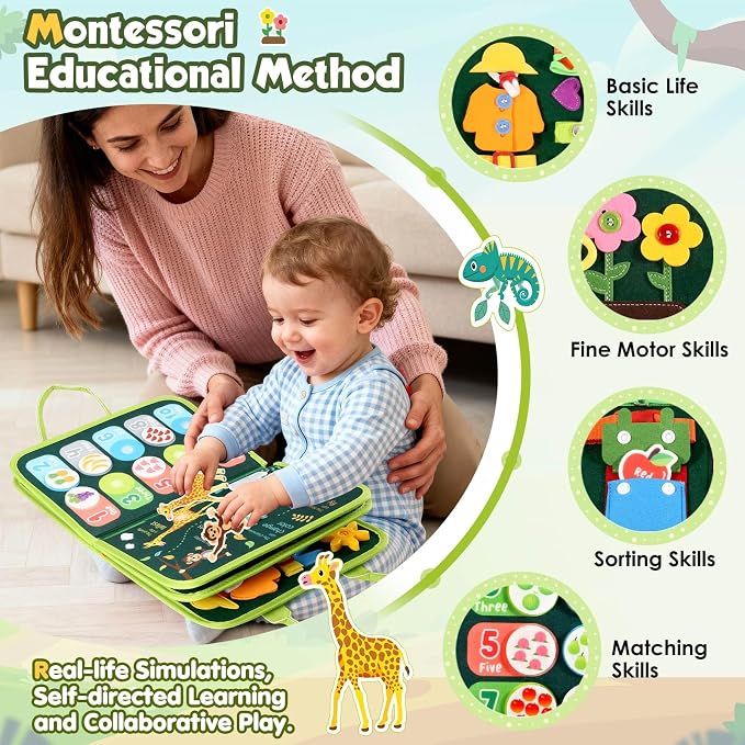 GOLIYEAN Toddler Busy Board - Montessori Toys for 2 Year Old Boy Girl Birthday Gift, Educational Learning Sensory Busy Book for Toddlers, Ages 2-4 Travel Toys for Airplane Car, Toddler Activity Books
