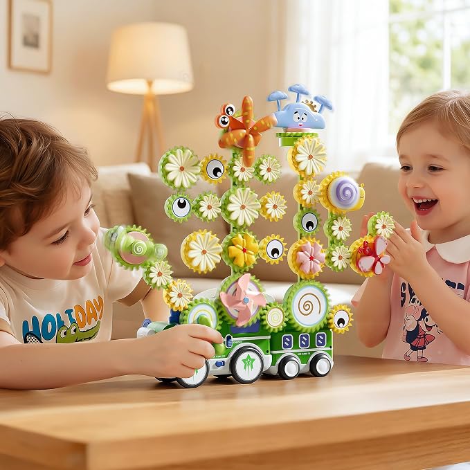 4 in 1 STEM Gear Toys for Kids Ages 3+, Educational Building Blocks, 71Pcs | Flower Construction Kits, Musical Electric Train Sets, Toddler Learning Toys with Light, Boys and Girls Gifts