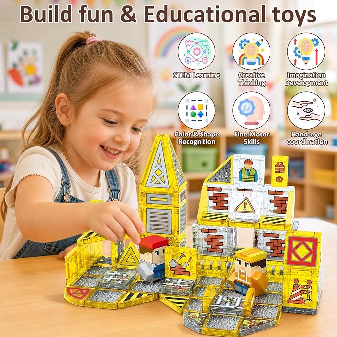 Mini Magnetic Tiles, Engineering Magnetic Blocks Travel Set for Kids 100PC | Magnetic Tiles with Storage Box, Engineering Theme Toys for Boy 3+, STEM Portable Travel Toy for Airplane Plane Car Road Trip