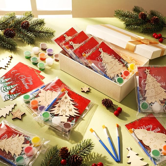 Saypacck 24 Pcs Christmas Tree Party Favors Wooden Paint Craft Kits | Includes Brushes Paints, Christmas Tree Designs, Organza Bags for Goodie Bag Fillers, Christmas Stocking Stuffer Gifts