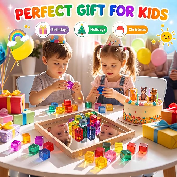 Meooeck 100 Pcs Rainbow Acrylic Gem Blocks Set with Wooden Mirror Tray, Translucent Stacking Gem Cubes for Kids 3-8, Montessori Educational Stem Sensory Light Learning Toy Gift Creative, School Supply