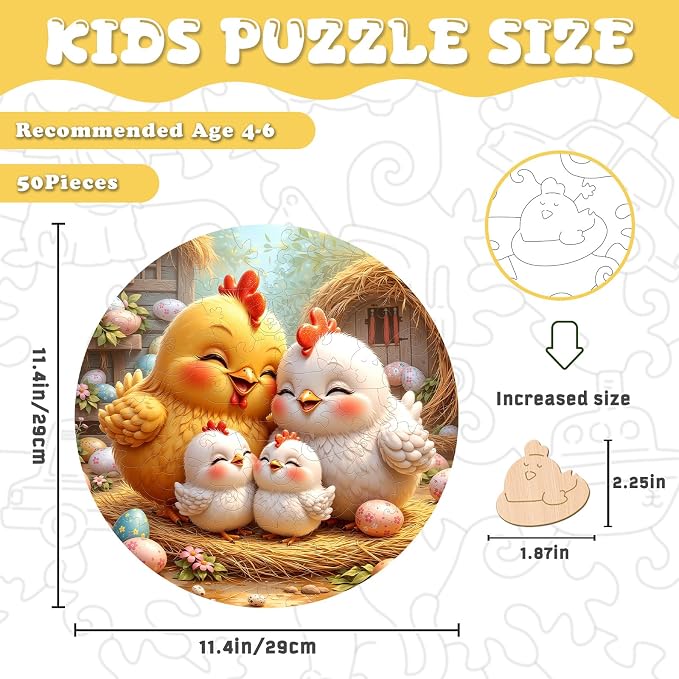 Animal Wooden Puzzles for Kids Ages 6-8 - Chicken Family | 50 Piece Puzzles for Kids Ages 6-8, Kids Puzzle with Unique Shapes, Round Puzzles for Girls and Boys (11.4 * 11.4 in)