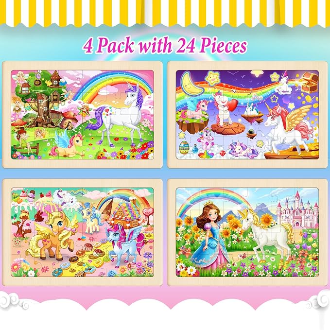 Wooden Puzzles for Kids Ages 4-6, 4 Pack 24 Pcs Toddler Puzzles Set for Ages 3-5, Educational Learning Toys Gift for Boys Girls 3-8 (Rainbow Unicorn, Starry Night, Candyland, Princess Castle)