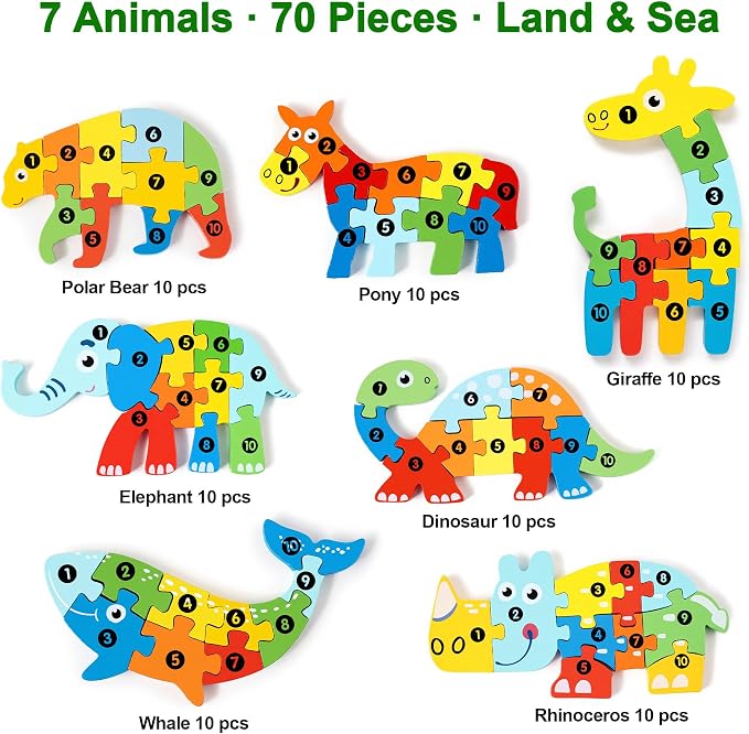 7 Pack Wooden Puzzles for Toddlers 3-5, Montessori Animal Puzzles | 70 pieces, with Numbers 1-10, CPC certified, for 3 4 5 Years Old, Preschool Learning Educational Toys, Boys Girls Gift