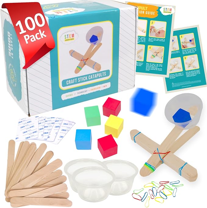 Catapult Kit, 100-Pack - Bulk STEM Kits for Large Groups, Ages 8+ | Builds 100 mini catapults, pre-counted supplies for several classes, hands-on physics of force and energy