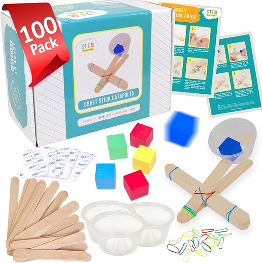 Catapult Kit, 100-Pack - Bulk STEM Kits for Large Groups, Ages 8+ | Builds 100 mini catapults, pre-counted supplies for several classes, hands-on physics of force and energy