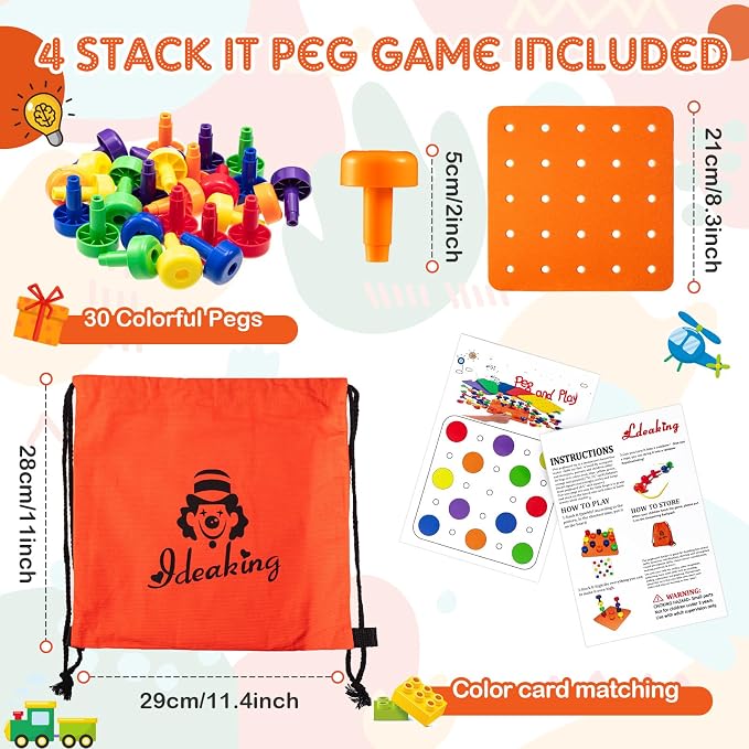 Shappy Toddler Peg Boards Montessori Stacking Toys,Orange | 120 Pcs Pegs with 4 Foam Boards & Storage Bag Kids Fine Motor Skills Educational Toy for Home Preschool