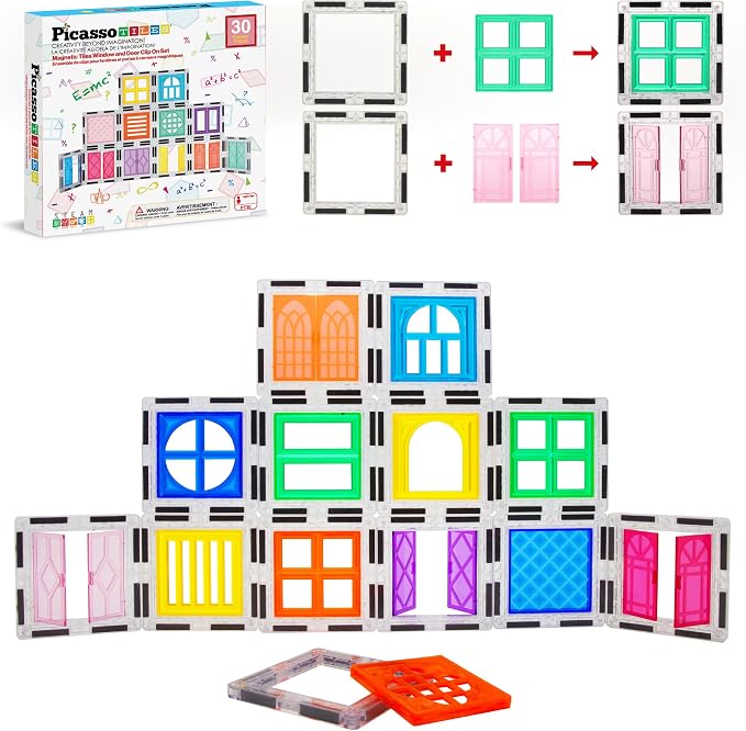 PicassoTiles Window and Door Clip On Magnetic Blocks Magnet Tiles Magnets Building Tile Construction Toy Set STEM Education Toys Learning Kit Stacking Block Playset Boys & Girls Age 3+ PT30