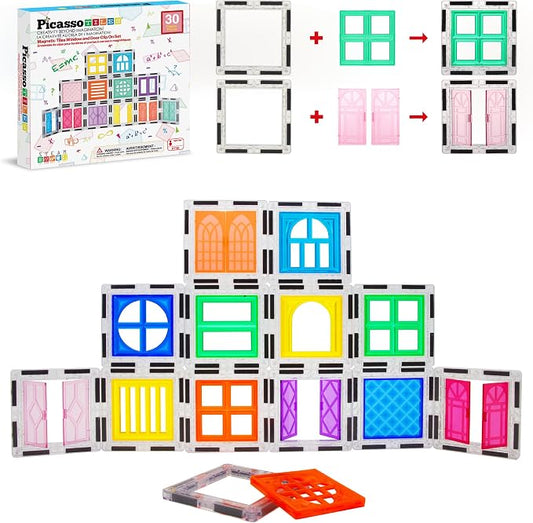 PicassoTiles Window and Door Clip On Magnetic Blocks Magnet Tiles Magnets Building Tile Construction Toy Set STEM Education Toys Learning Kit Stacking Block Playset Boys & Girls Age 3+ PT30
