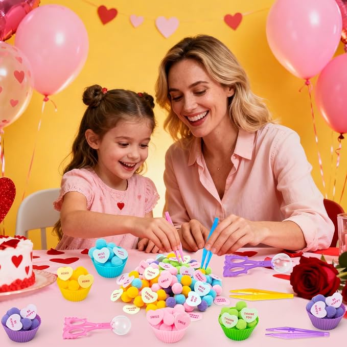 EZdhuawuse Summer Sensory Bin Fillers - 268P Fine Motor Toy Counting Sorting Set for Kid Birthday Easter Gift, Felt Phrases Heart Colorful Pom Poms Cup Clip for Preschool Education Activities