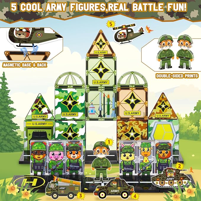 Magnetic Tiles Army Toys with Army Men Military Tank Plane Car, Magnet Tiles for Kids 3-5 4-8,Toy for Boys 4 5 6-8,Magnet Blocks Military Toys Action Figures Soldiers,Gifts for 3-12 Year Old Boys Kids