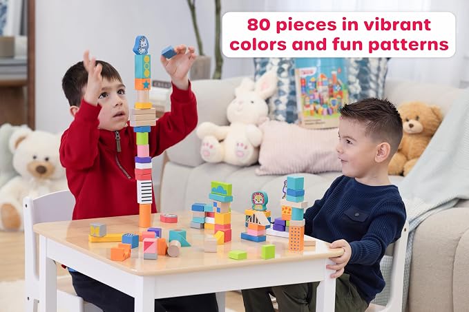 Jasey's Toy Chest Build & Imagine Wooden Blocks | 80-Piece Educational Building Set with Animal & Shape Blocks | Toddlers Ages 12+ Months
