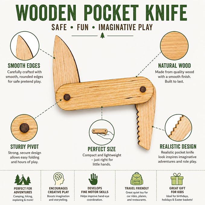 Set of 2 Wooden Pocket Knife Toy for Kids | Pretend Play Folding Camping Toy | Children Adventure Toy | Outdoor Explorer Gift for Boys & Girls Ages 3+