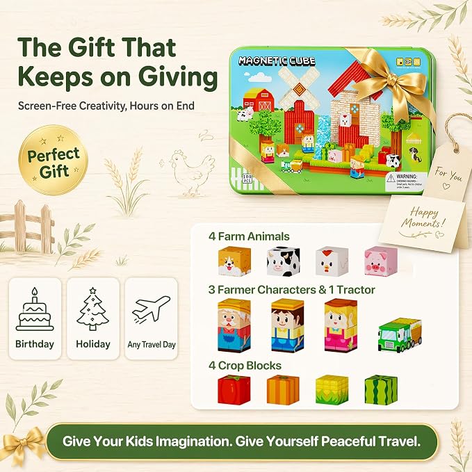 Magnetic Cubes Farm Travel for Kids: Hold 15 Blocks, 60s Storage | 100 PCS Animal Building Set, N32 Magnets & Portable Tin Case – Screen-Free Car, Plane & Road Trip Toy for 2 Toddlers Ages 3-8
