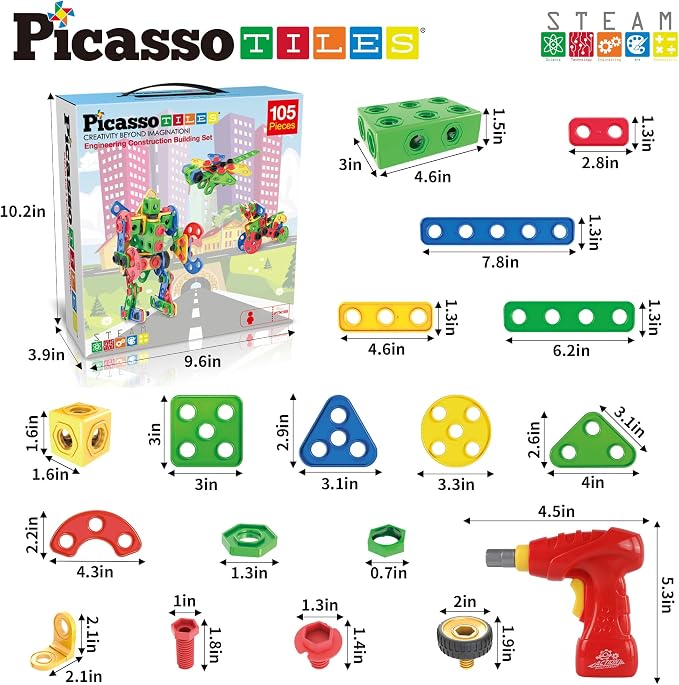 PicassoTiles STEM Learning Toys 105 Piece Building Block Set Kids Construction Engineering Kit Toy Blocks Children Early Education Playset w/IdeaBook, Power Drill, Clickable Ratchet, Age 3+ PTN105