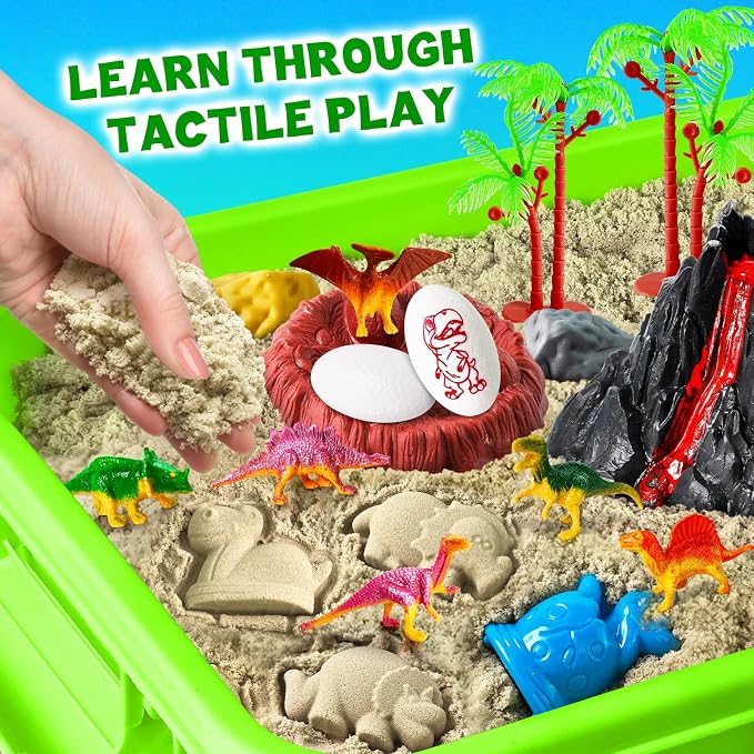 Sensory Bin Dinosaurs Kit with Sensory Sand | Play Sand, Pretend Play Beach Toy, Sandbox for Girls and Boys