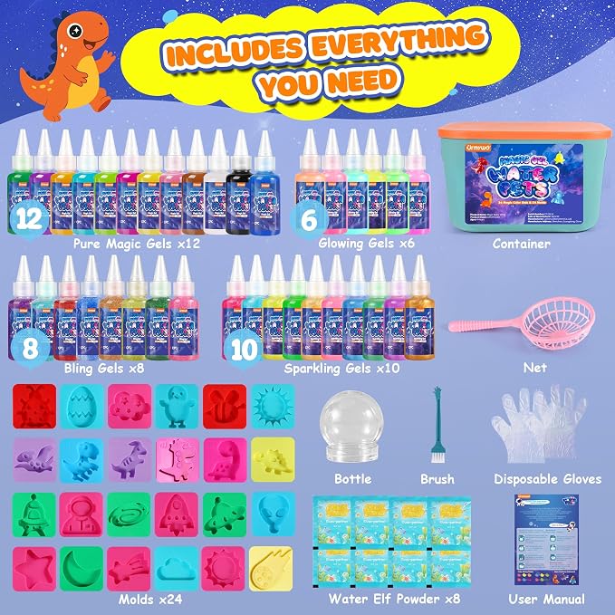 URMYWO Magic Water Elf Toy Kit, 36 Gels & 24 Molds, Squishy Maker for Kids | Aqua Fairy Water Gel Kit with Sparkling, Glow, Bling Gels, Make Your Own Squishies, Dinosaurs Space Molds for DIY Water Pets