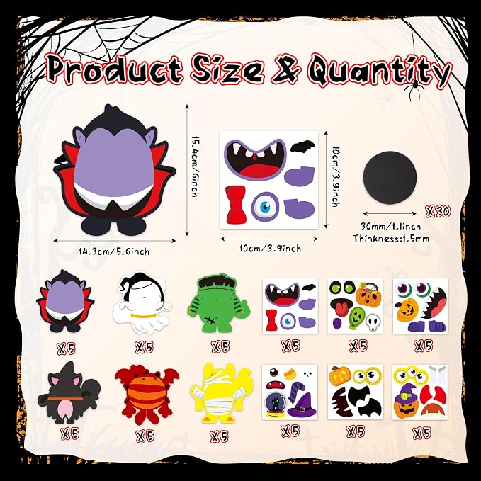 Haooryx DIY Halloween Monster Magnet Craft Make Your Own Halloween Sticker | 30 Set Halloween Characters Decor Stickers Craft, Kids School Activity Art Project Refrigerator Bulletin Board Decor Supplies