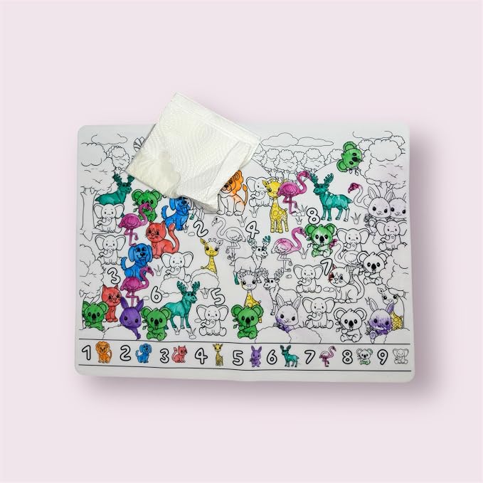 Seek 'N' Spot Silicone Coloring Mat, Animal Theme, Learn Counting, Silicone Drawing Mat, Reusable, Doodle Pad, Art and Craft Set