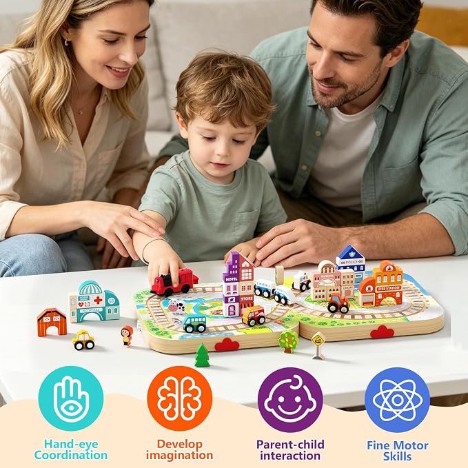 Wooden Train Set for Toddlers, 58 PCS City Building Blocks Toy with Portable Storage Folding Case & Playboard, Montessori STEM Educational Gift for Boys Girls Ages 3-5 4-8