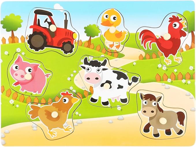 Wooden Puzzles Farm Chunky Baby Puzzles Peg Board, Full-Color Pictures for Preschool Educational Jigsaw Puzzles, 7Pieces