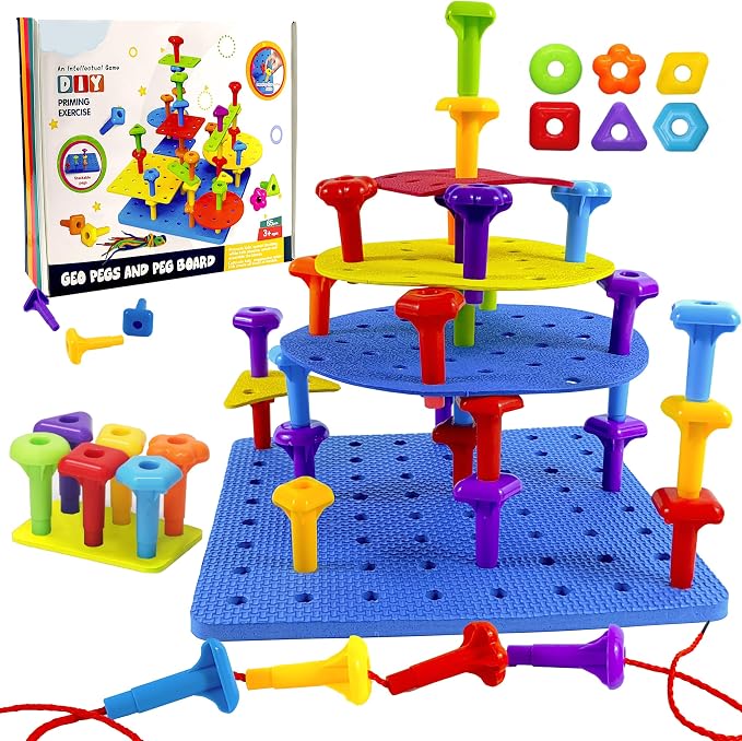 Counting Peg Board for Kids - Toddler Stacking Toys - 65 Pcs DIY Building Set Large Foam Board & Occupational Therapy Toys, Color Sorting & Lacing Toy , Montessori Tools, Peg Puzzles for Toddlers 3