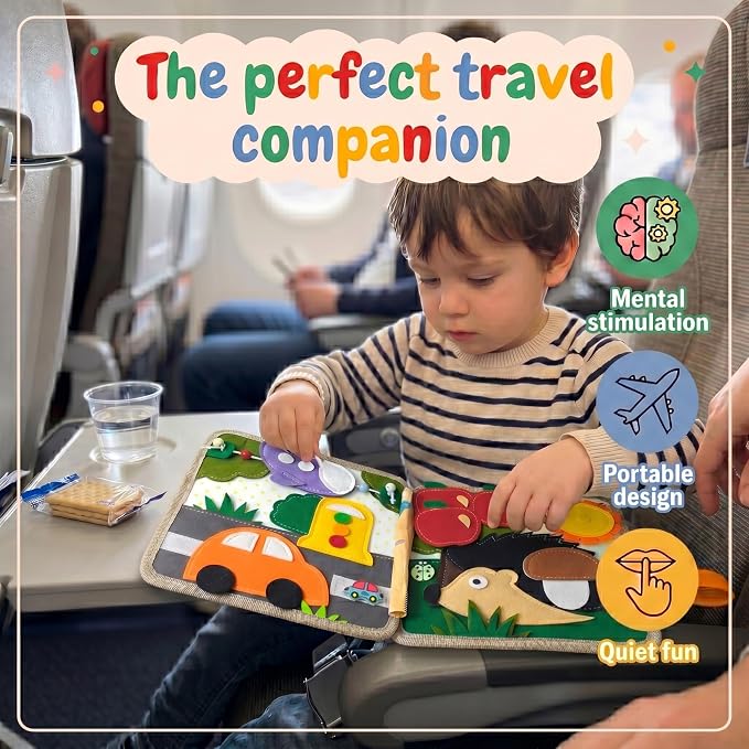 LUMS Busy Book for Toddlers 1-3 - Montessori Busy Board, Toddler Activity Book Ages 2-4, Felt Quiet Sensory Learning Travel Toy for 1 Year Old, Car & Airplane Rides