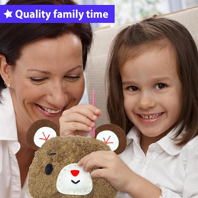 KRAFUN Teddy Bear Sewing Kit for Kids Ages 8-12 - No Scissors | Pre-cut & pre-punched felt, no glue needed. Child-safe needle. Sew your own teddy. Beginner craft gift for girls & boys