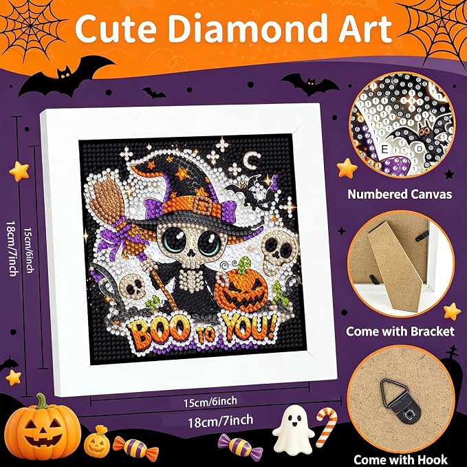 Gemozaic Halloween Diamond Art Kit for Kids Ages 6-8-12 with Frame, 7x7 in | Cute Skeleton Diamond Art for Kids 10 Year Old, DIY Big Gem Arts and Crafts for Boys and Girls Birthday Gift, Home Wall Decor