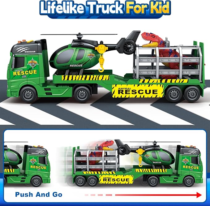 Bstoyder Toddler Boy Toys for 3 4 5 6 7 Years Kids, 23" Semi Flatbed Truck Toy with a Dinosaure Truck, Friction Powered Vehicles Toys with Lights and Sounds, Birthday for Boy Girls