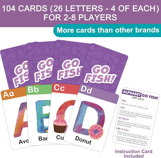 BenBen Alphabet Go Fish Card Game for Kids,104 Cards, Oversized ABC Learning Playing Cards, Memory Matching Games, 2-8 Players, Ages 3 and up, Easter Basket Stuffers, Stocking Stuffers
