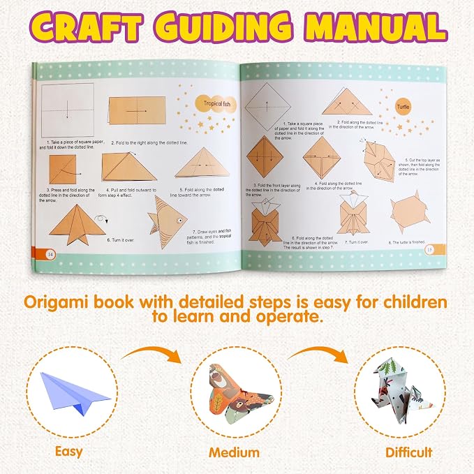 Pigipigi Kids 160 Pcs Origami Paper Kit,Arts and Crafts for Kids Ages 5-12 | Beginners Origami Kit with 60 Forest paper,Step-by-Step Guiding Book, DIY Craft Birthday Gift for Boys Girls ages 5-12