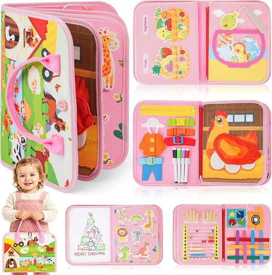 Montessori Busy Book Toy for 1 2 3 Year Old Girl Gifts, Learning Educational Toy for Toddlers 1-3, Fine Motor Skill Toy & Car Travel Activity Book, Birthday Gift for 1-2 Year Old Girl