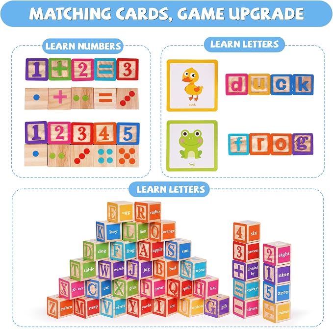ABC Wooden Building Blocks for Toddlers, Montessori Alphabet & Number Learning Toy for Kid, 36 PCS Preschool Stacking Blocks with Matching Cards for Spelling, Counting, Sorting, Fine Motor Skills